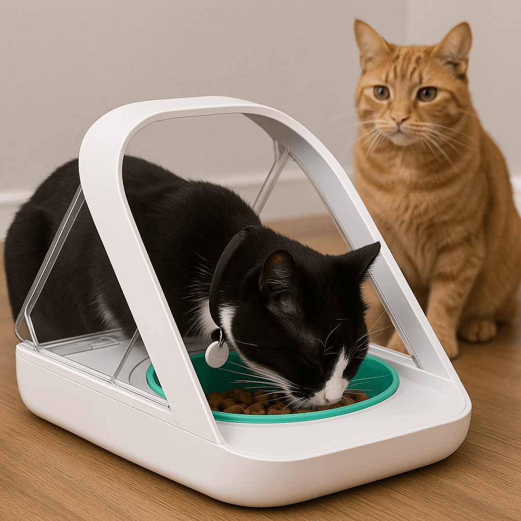 SureFeed Microchip feeder allowing access to one cat while another cat is blocked