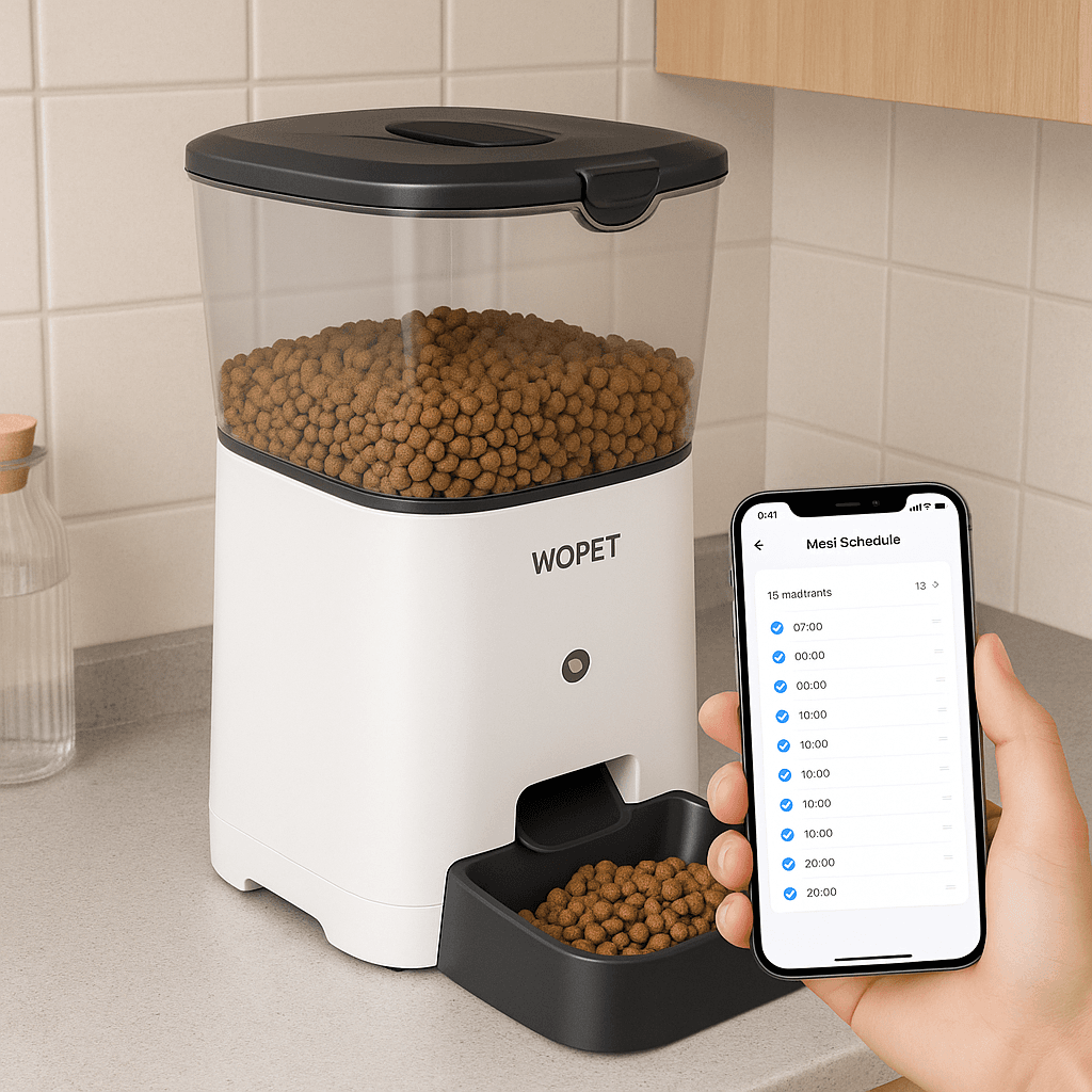 WOPET 6L automatic cat feeder with large transparent hopper, ideal for multi-cat homes