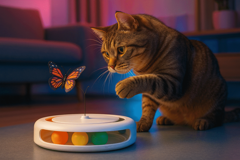 Indoor cat playing with the ALL FOR PAWS 3-in-1 butterfly and ball toy for mental stimulation