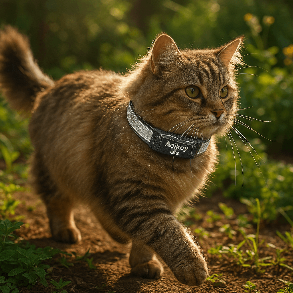 Fluffy cat walking in a garden while wearing the Aoikoy GPS reflective collar, waterproof and visible under sunlight.