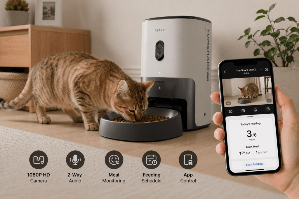 A cat eating from an automatic dry-food feeder while a smartphone shows a simple meal-monitoring screen nearby