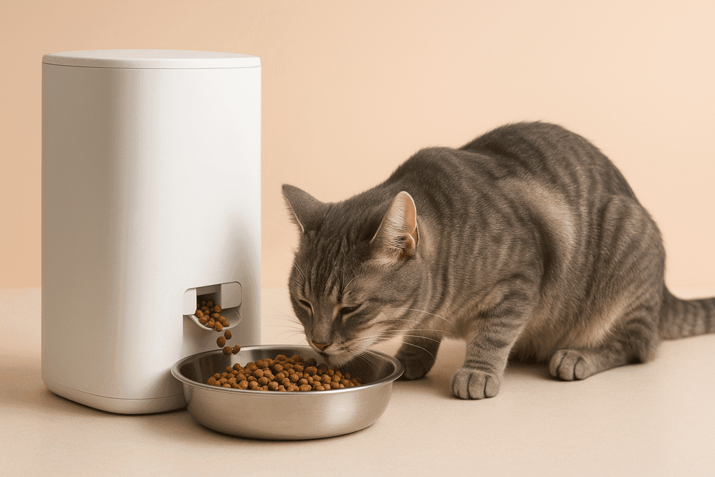 Automatic cat feeder dispensing food for healthy gray tabby cat - PetTech AI