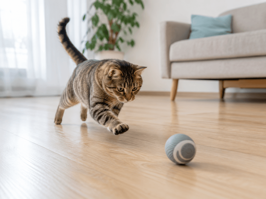 A cat chasing a small moving rolling toy across a light wood floor in a bright living room