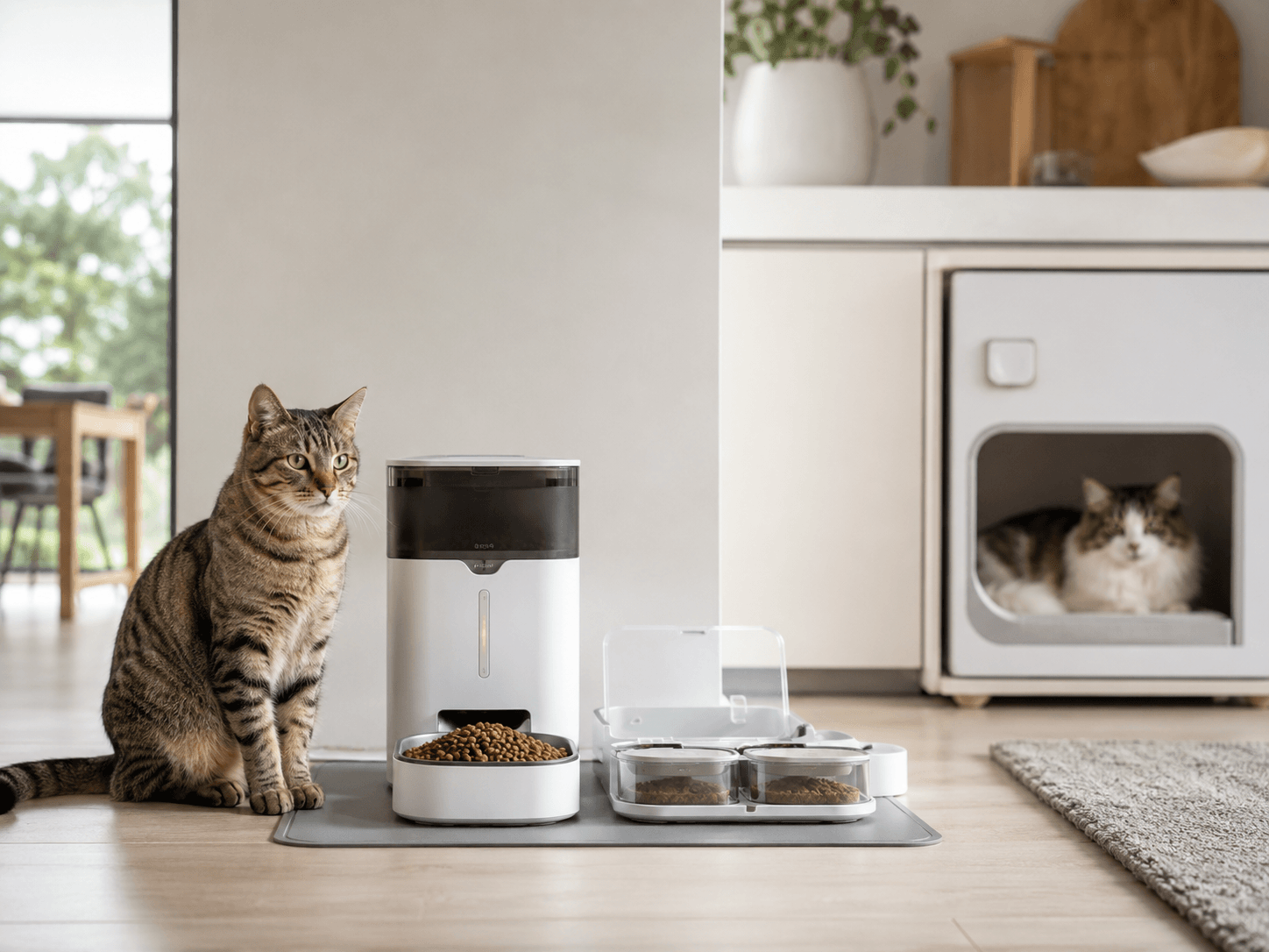A modern cat feeding station with a tabby cat beside an automatic feeder and clean food area