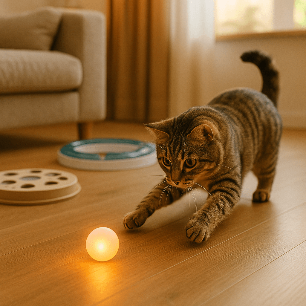 Tabby cat chasing one of the best interactive cat toys 2025, a glowing smart ball, in a modern living room