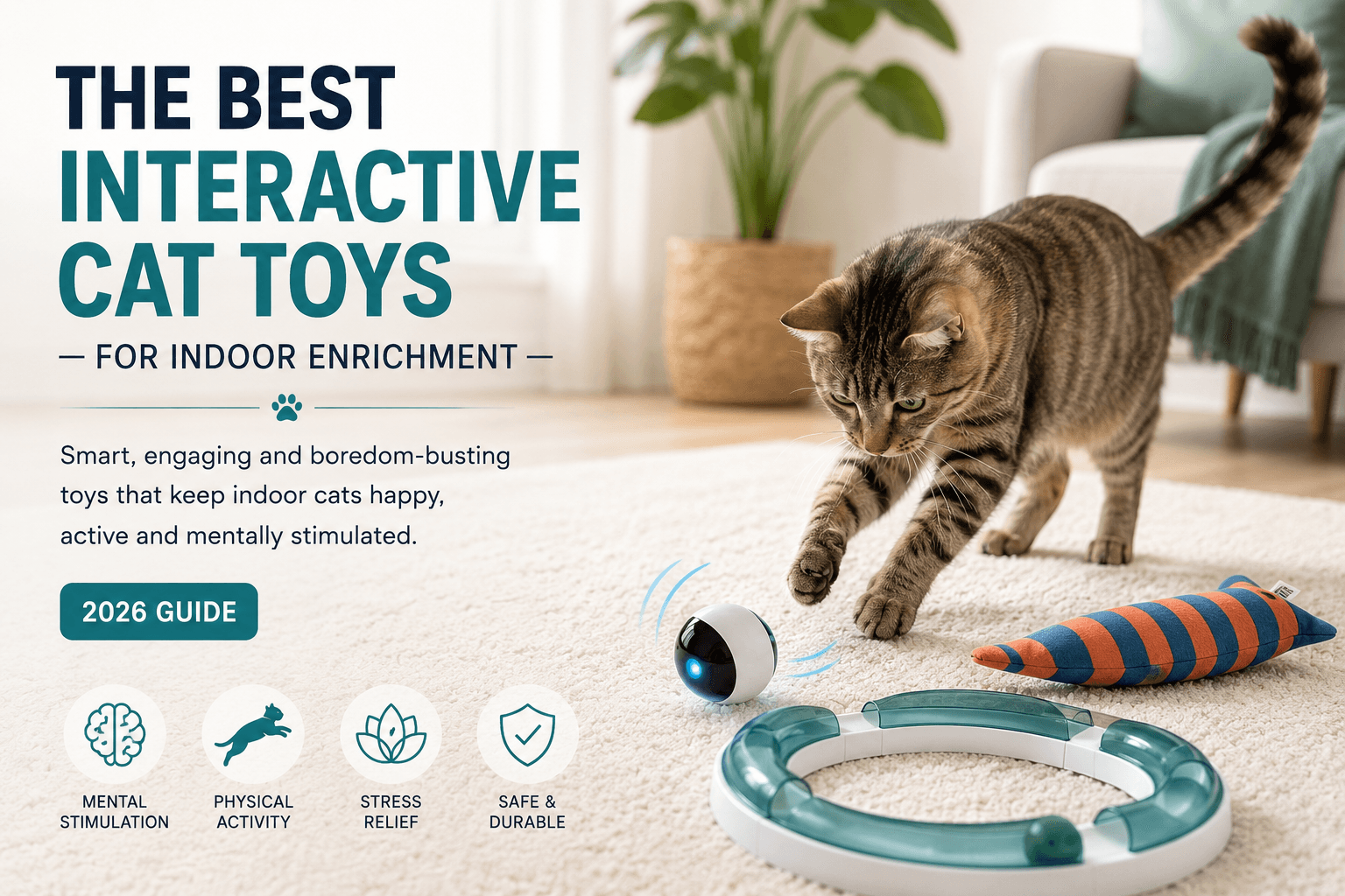 A tabby cat in a bright indoor play area with a rolling ball, enclosed track toy and soft kicker nearby