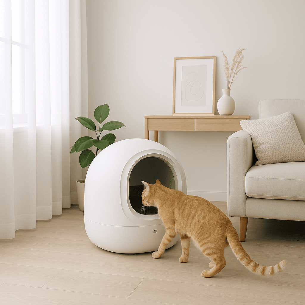 Modern apartment with a cat entering one of the best smart litter boxes 2025