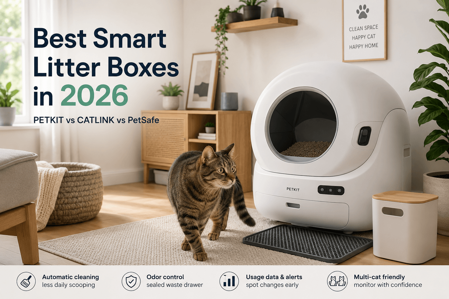 A modern cat room with a tabby cat near a self-cleaning litter box and a tidy litter area
