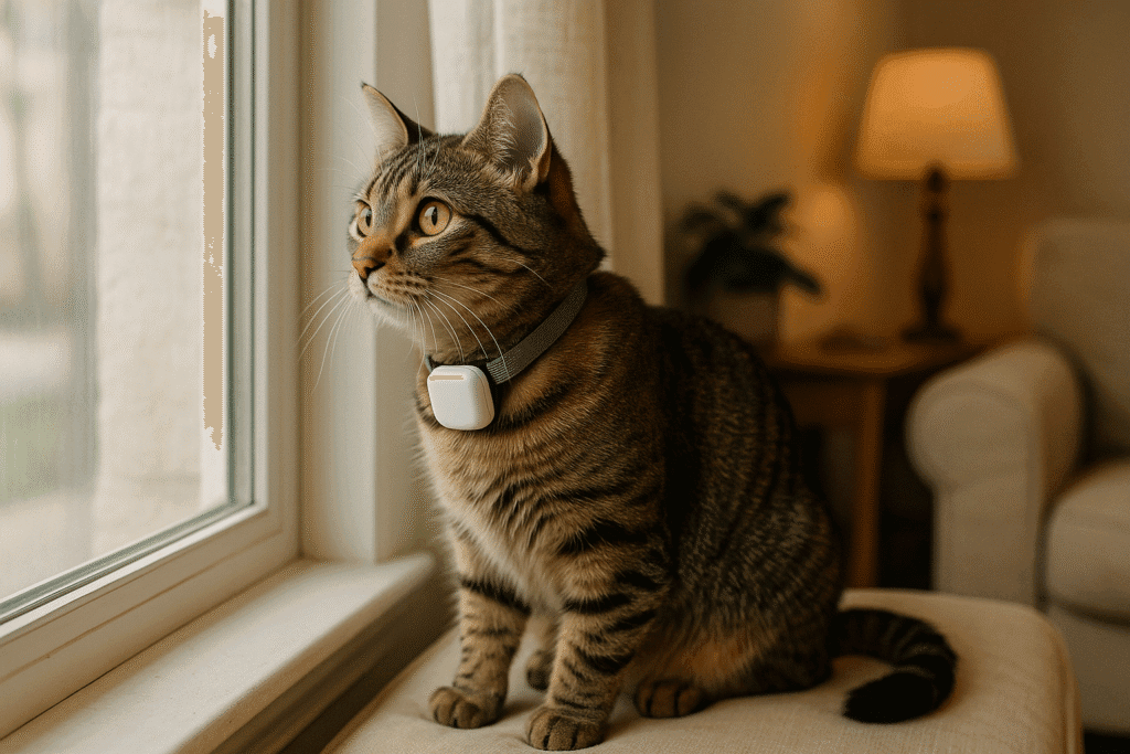 An indoor cat looking out the window with curiosity, a collar with GPS trackers for cats in 2025, cozy home background