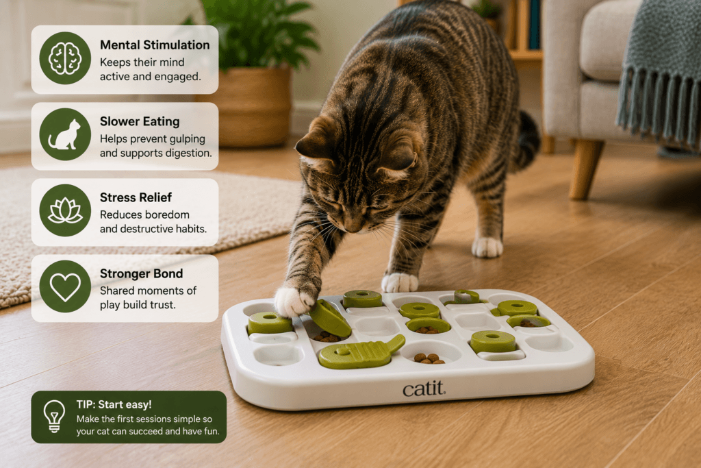 Indoor cat pawing at a beginner treat puzzle board with hidden food compartments