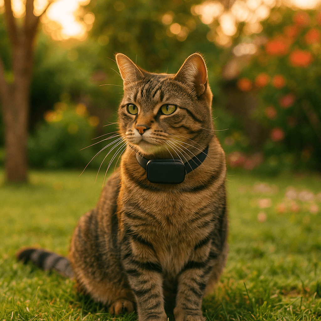 Domestic cat sitting safely in a backyard with trees, wearing a modern GPS tracker collar for outdoor protection.