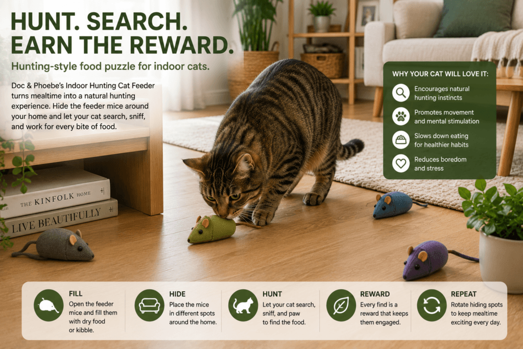 Indoor cat searching for small hidden food puzzle feeders around a living room