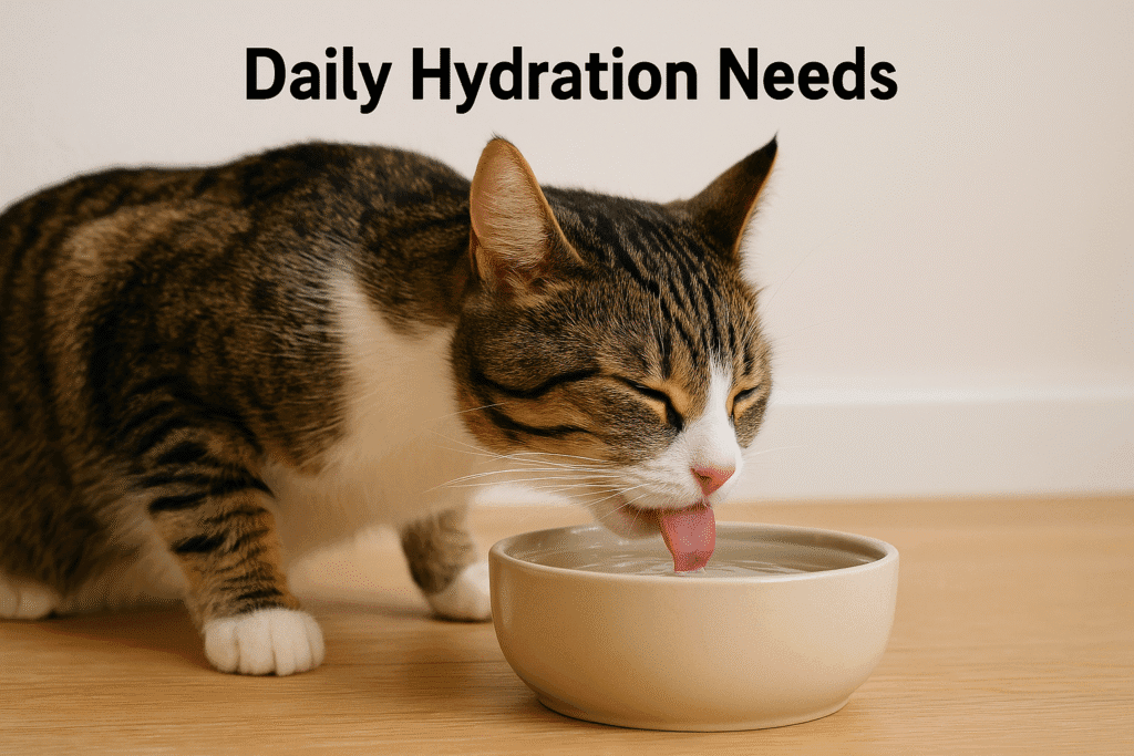 A healthy adult cat drinking water from a bowl, with infographic-style overlay showing hydration facts