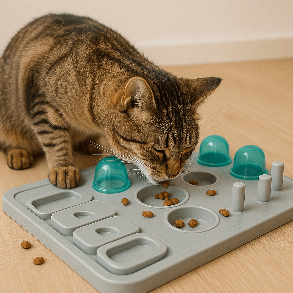 Cat eating from interactive puzzle feeder