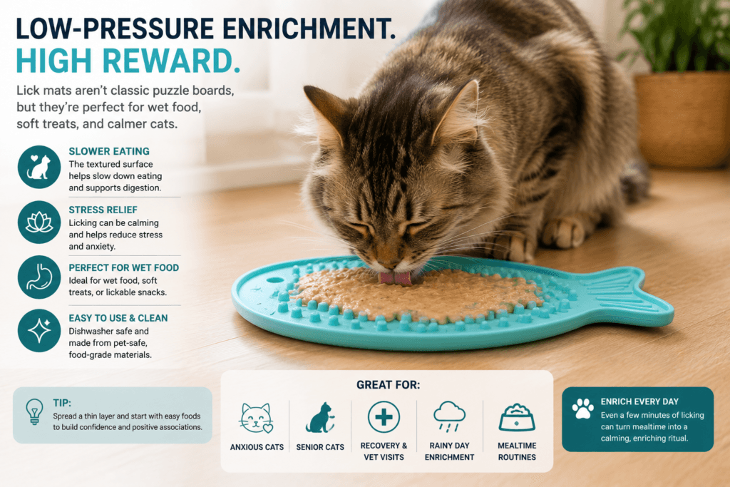 Indoor cat licking wet food from a textured lick mat used as a slow feeder