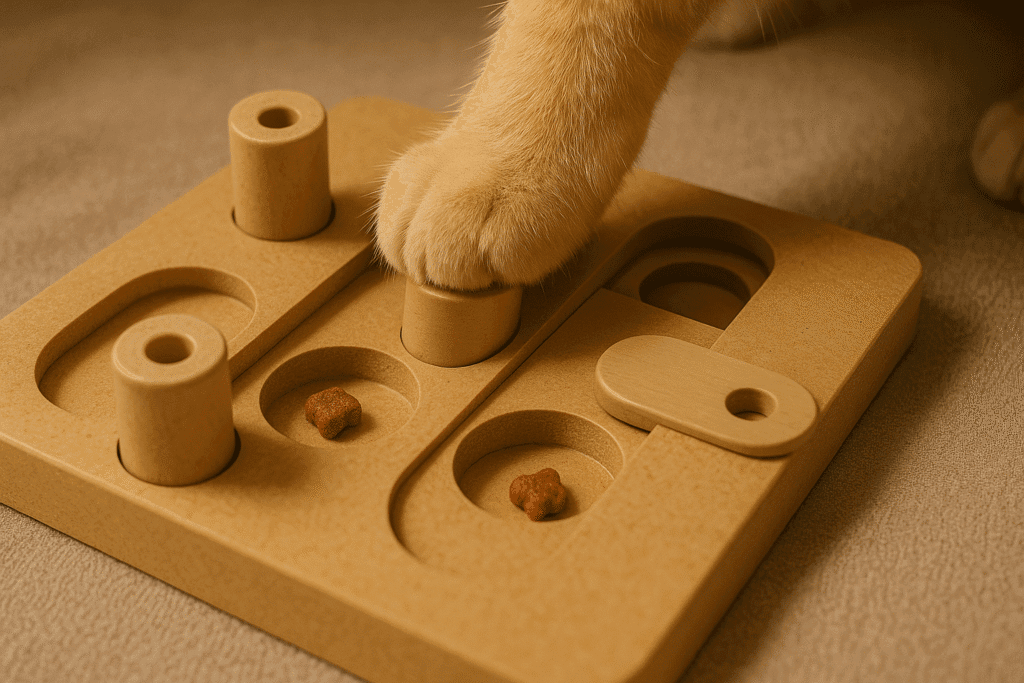 Cat using a puzzle feeder to stimulate its intelligence through play