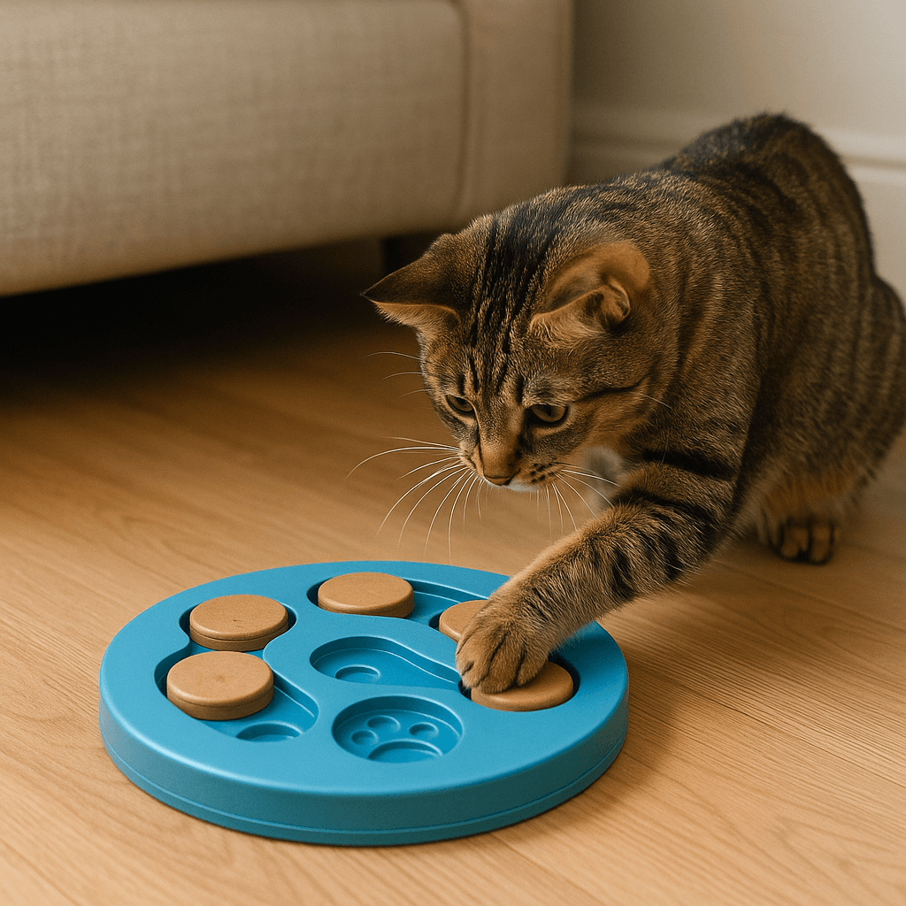 Cat playing with smart puzzle toy for treats