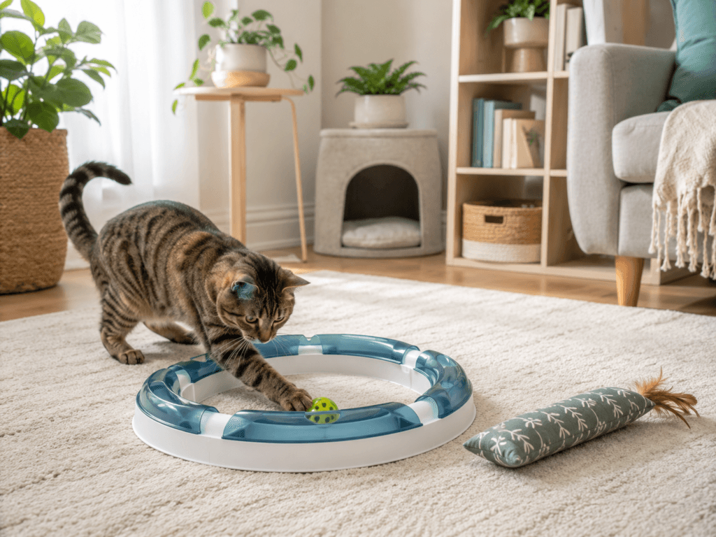 A cat batting at an enclosed track toy while a soft kicker toy rests nearby in a tidy indoor play area