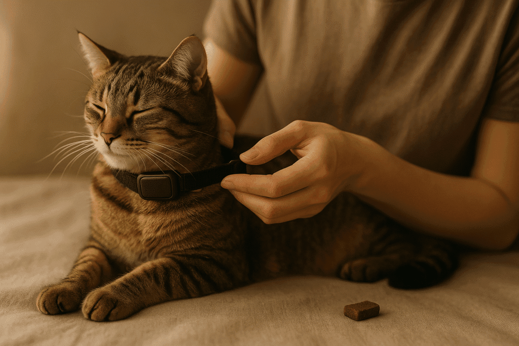 A person gently attaching a tracker collar to a relaxed cat, soft lighting, treat on the side
