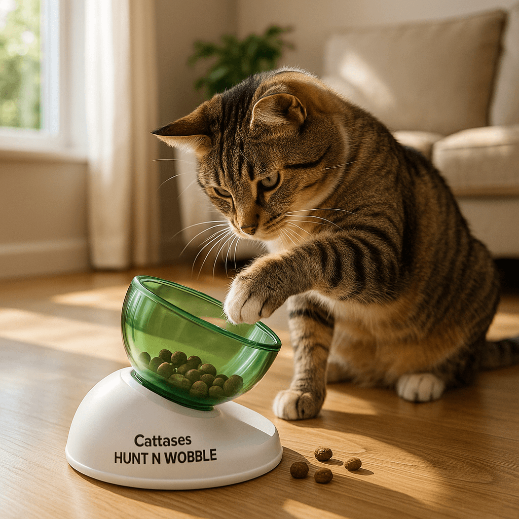 Cat solving Catstages Hunt N Wobble puzzle feeder toy