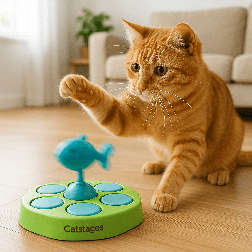 Cat playing with Catstages 2-in-1 spinning fish toy