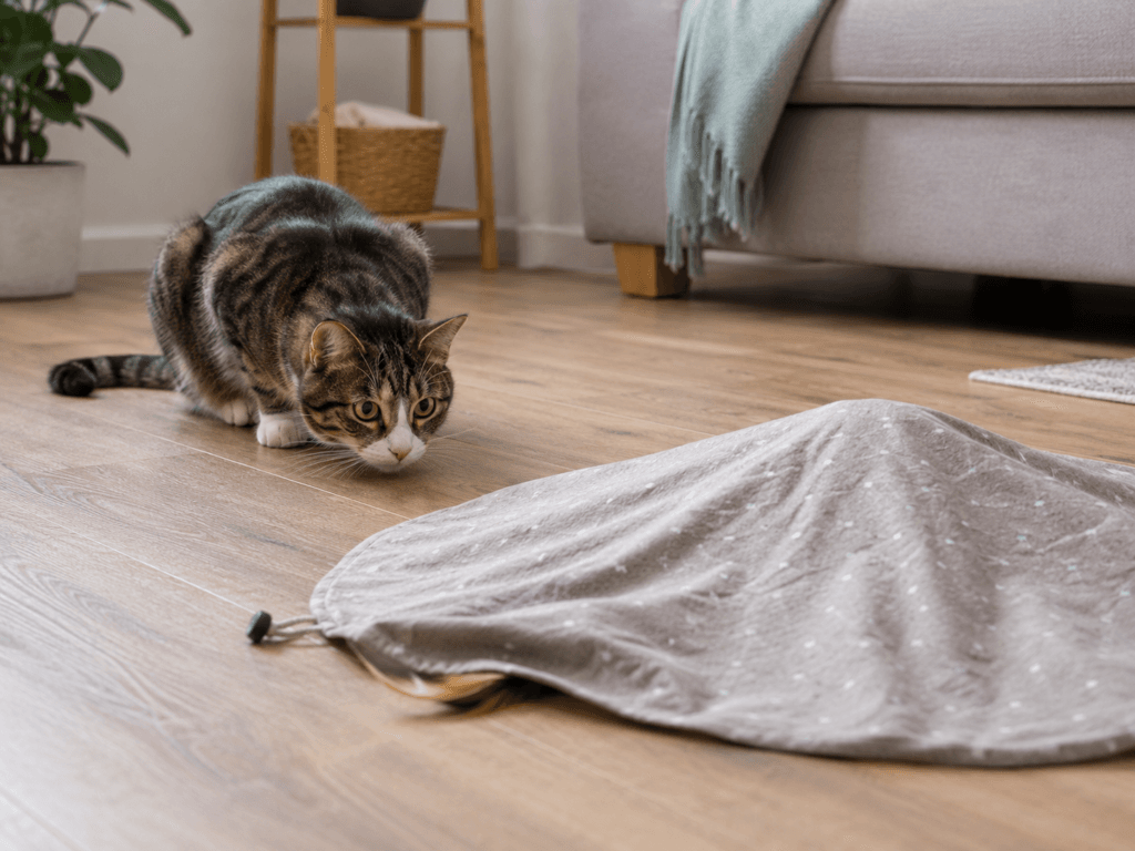 A cat crouching and watching concealed movement beneath a fabric interactive toy in a quiet room