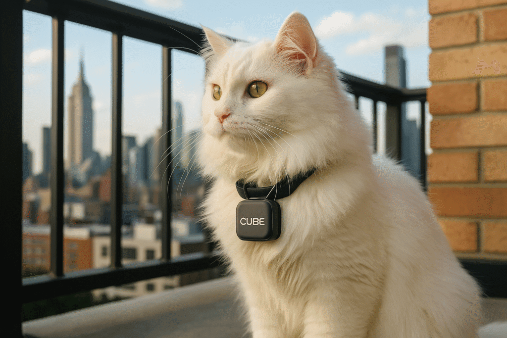 A fluffy white cat on a balcony, wearing a Cube GPS tracker, urban skyline in the distance