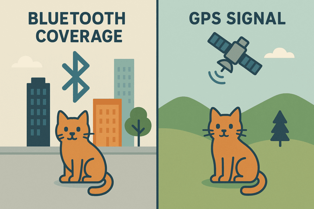Side-by-side concept showing a cat in a city with Bluetooth coverage vs a cat in the countryside with GPS signal, infographic style