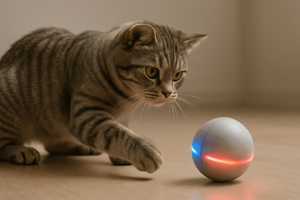 Gray tabby cat playing with interactive smart ball toy with LED lights - PetTech AI