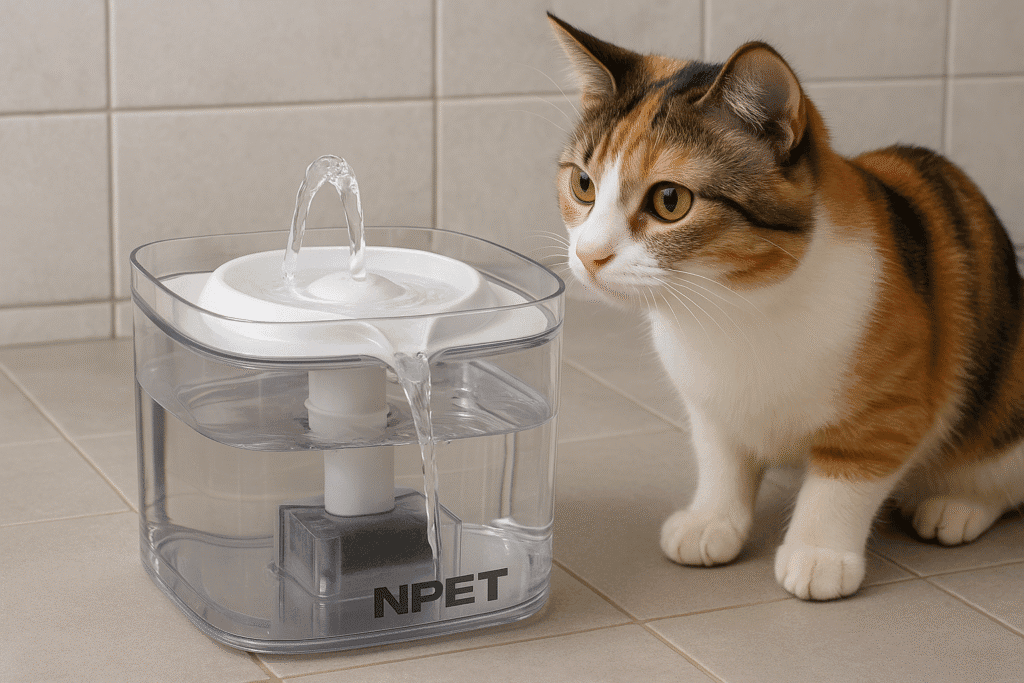The NPET transparent cat water fountain on a tiled floor, with water visibly flowing and a cat watching curiously