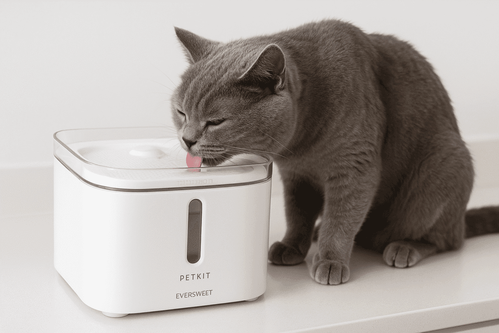 The Petkit Eversweet smart water fountain with a gray cat drinking from it, on a clean white countertop