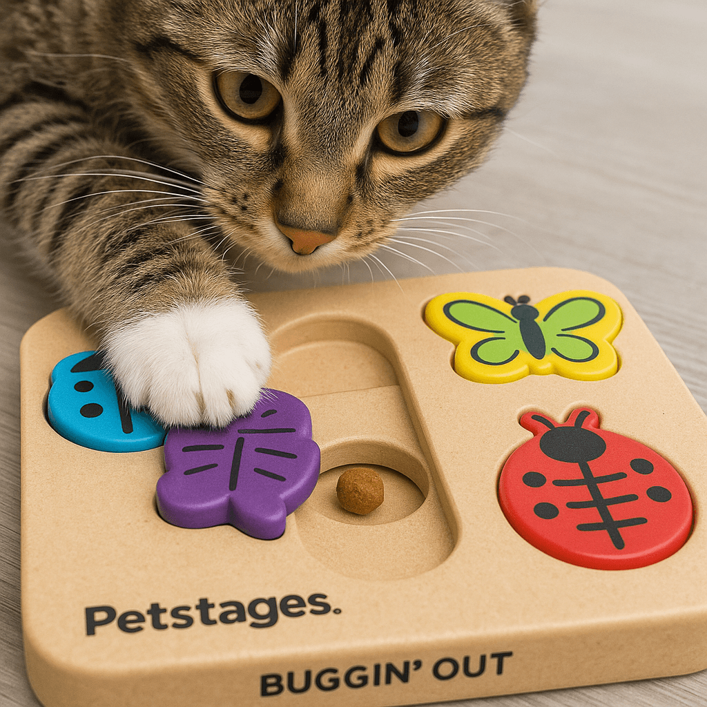 Cat using Petstages Buggin’ Out puzzle toy with treats. One of the best smart puzzle toys for cats
