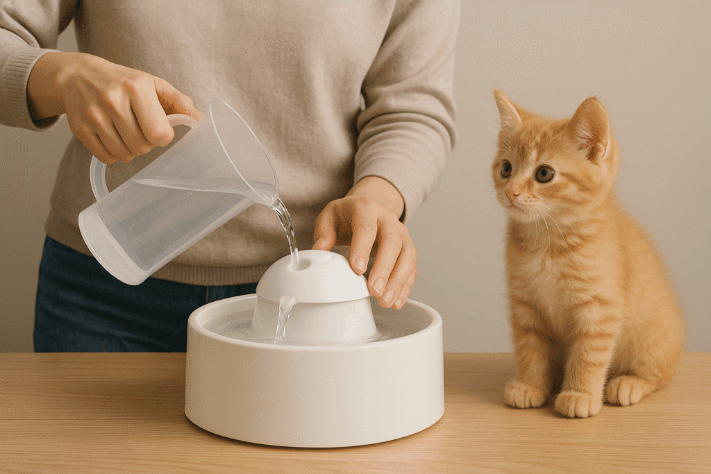 A person refilling a cat water fountain while a kitten watches attentively, promoting positive reinforcement