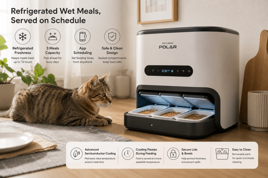 A refrigerated automatic feeder with covered wet-food meal compartments in a clean cat feeding area