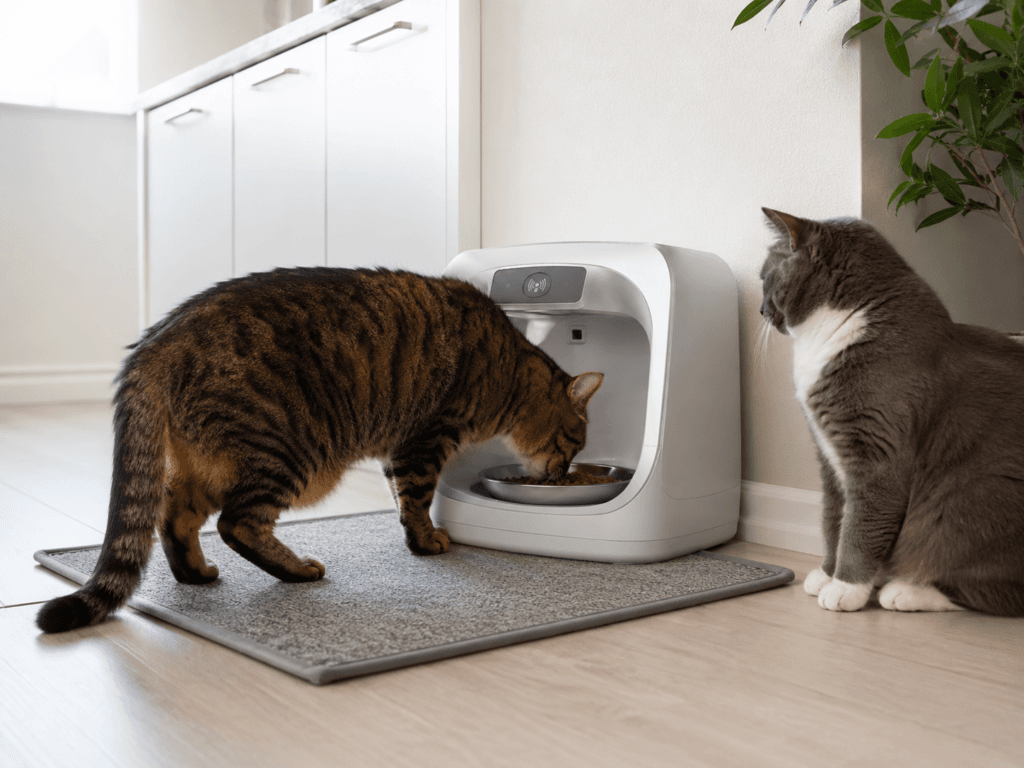 Two cats near a covered automatic feeder designed to give one cat protected access to its food