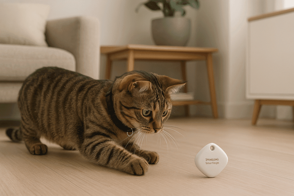 A tabby cat indoors playing near a Samsung SmartTag2 attached to a breakaway collar, modern home interior