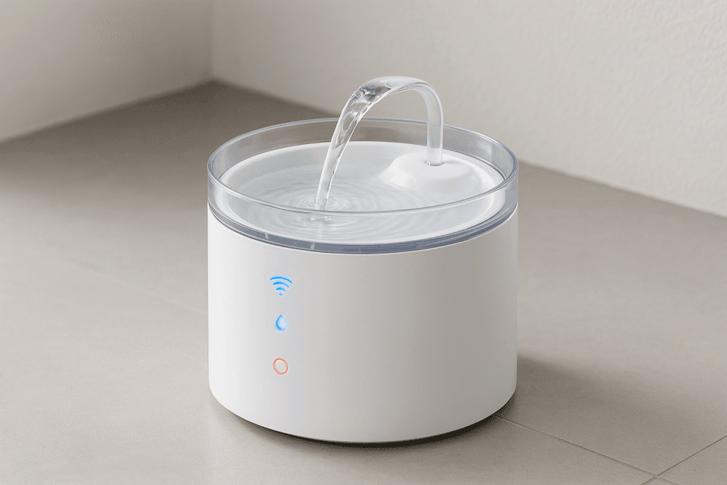 A smart water fountains for cats with clear water flow and indicator lights, placed in a minimalist home setting
