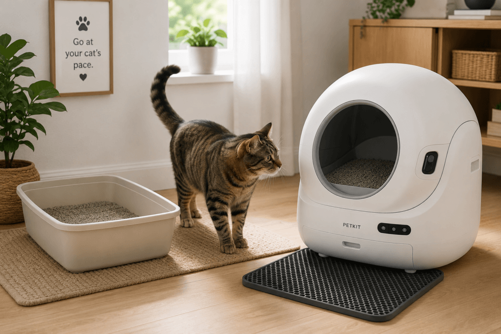 A cat calmly exploring a new self-cleaning litter box placed beside a familiar traditional litter box