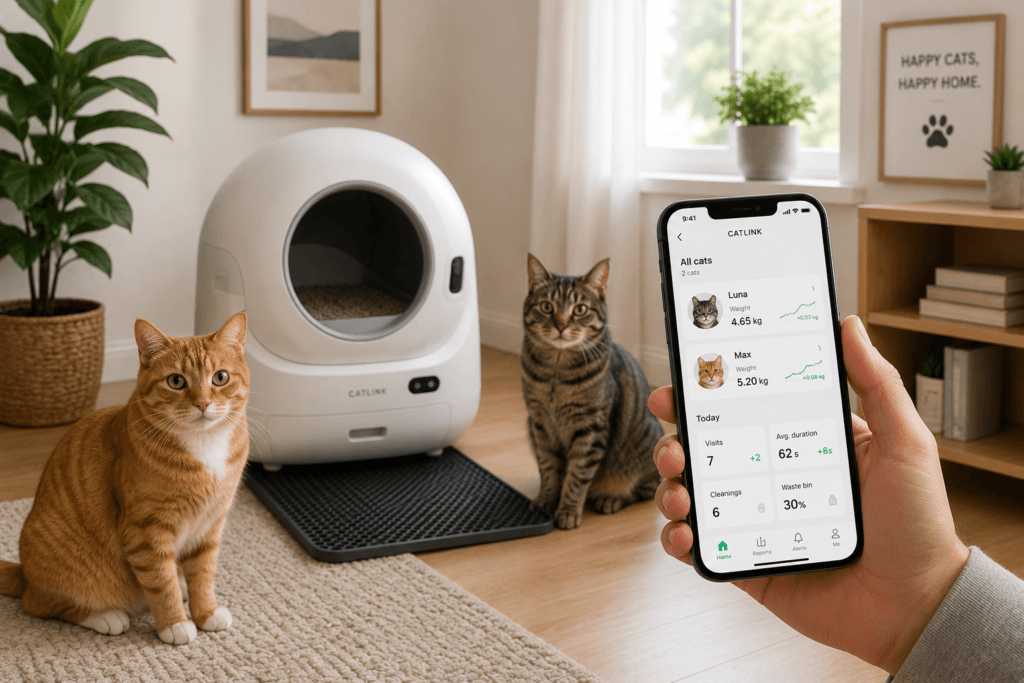 Two cats near a smart litter box in a bright home while a smartphone shows simple usage tracking