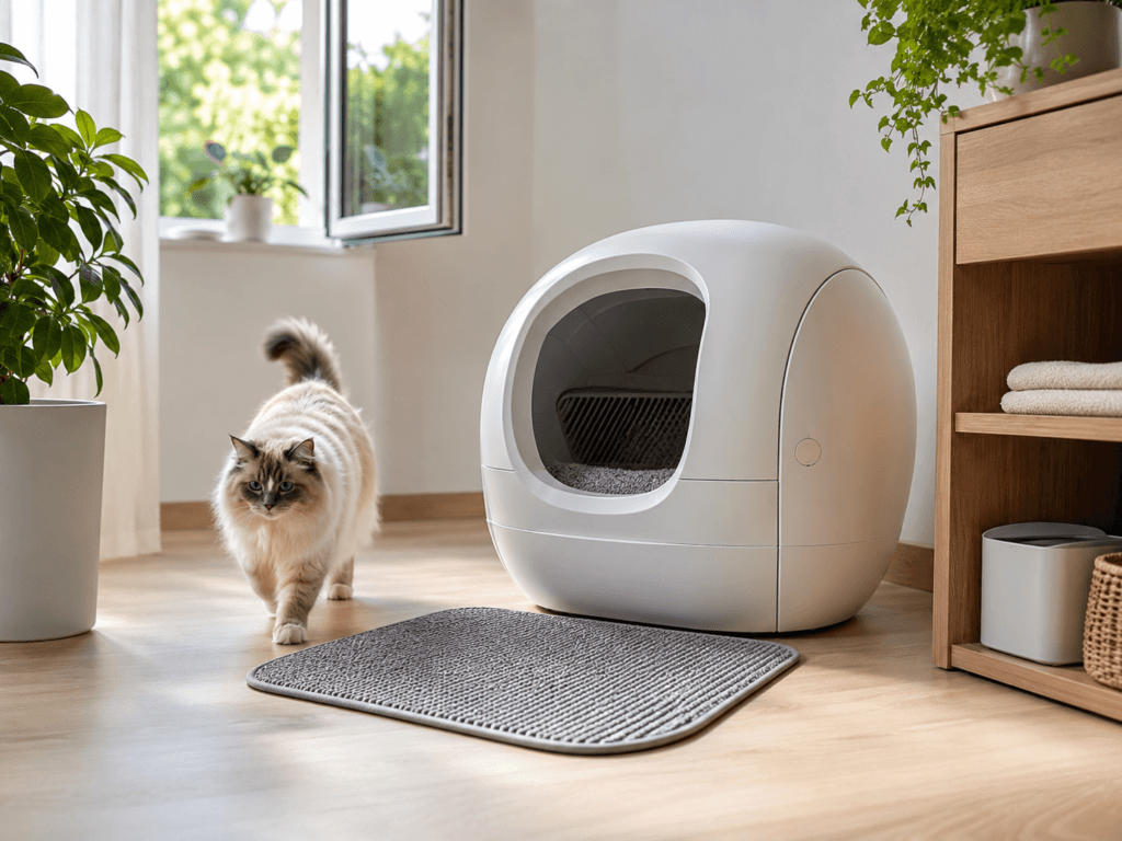 A clean litter area with a self-cleaning litter box, litter mat, and fresh airflow in a modern home
