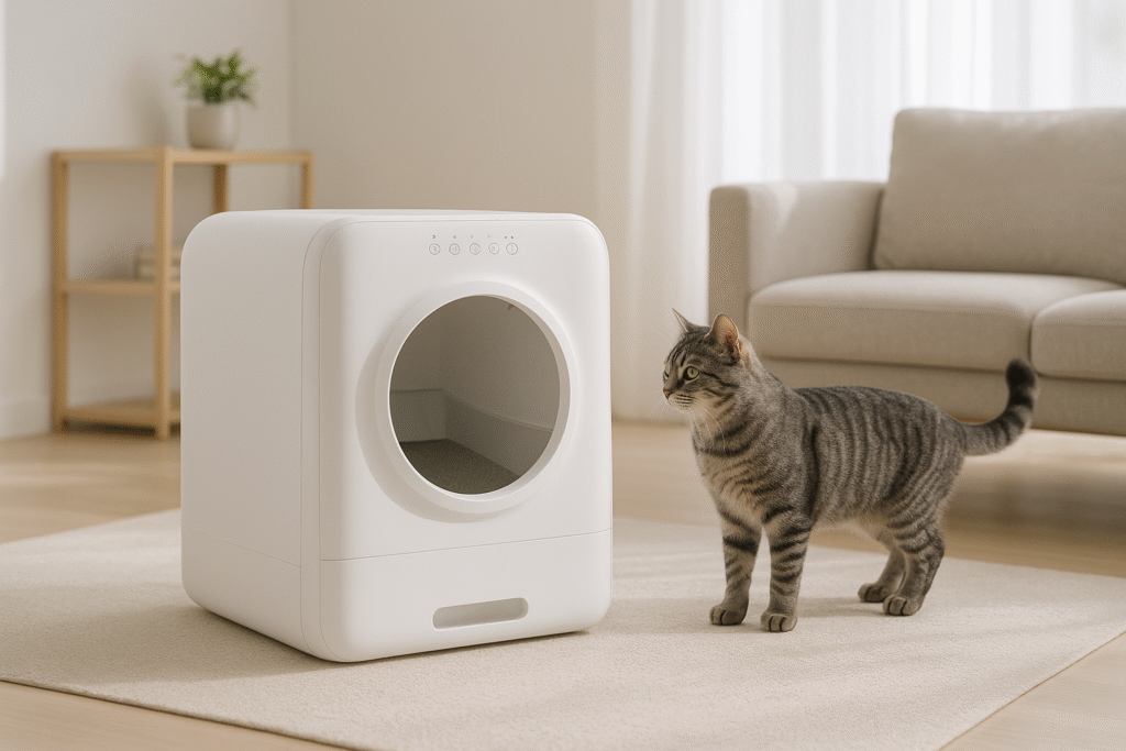 Modern smart litter box with control panel and gray tabby cat - PetTech AI