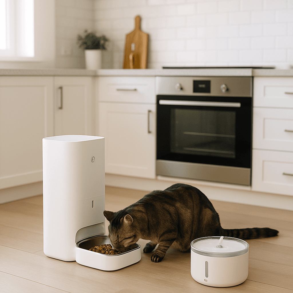Bright modern kitchen; premium smart feeder beside a water fountain; adult tabby eating; daylight; shallow DOF; clean lifestyle look.