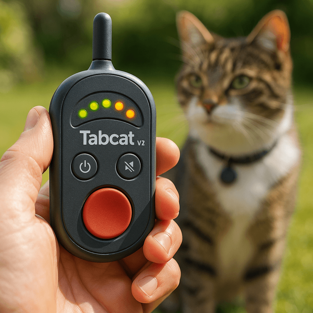 Hand holding the Tabcat V2 RF tracker while a cat in the background wears the small Tabcat tag on its collar.