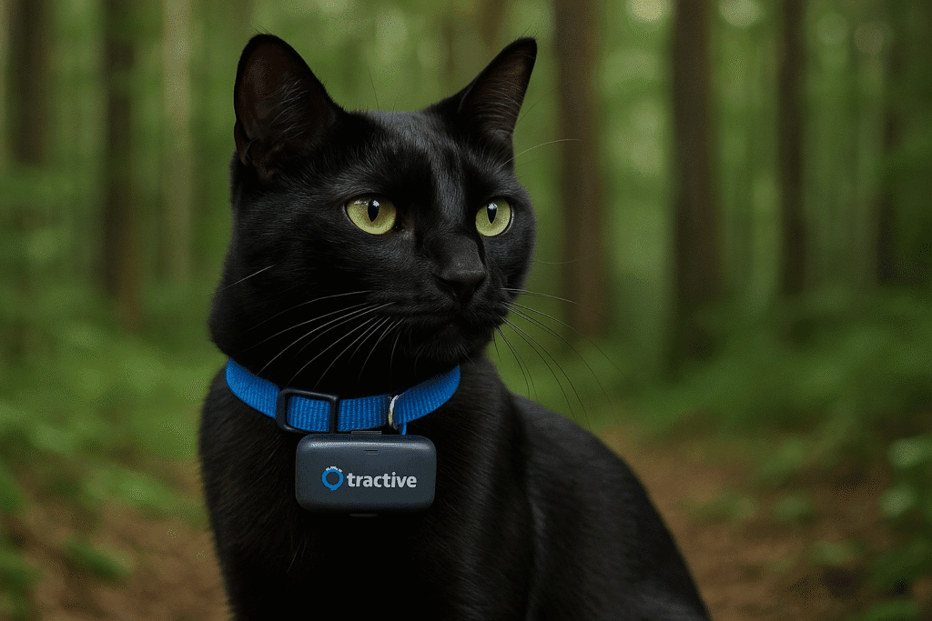 A sleek black cat outdoors wearing a Tractive GPS tracker on a blue collar, forest background