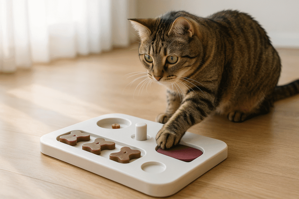 Cat using the Trixie 5-in-1 Activity Board with treats in multiple compartments