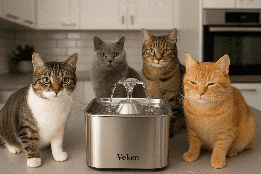 The Veken cat water fountain made of stainless steel, surrounded by cats in a modern kitchen setting