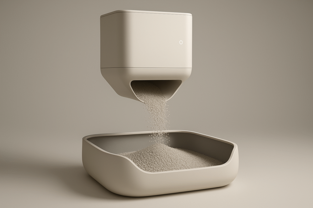 Automatic refill hopper maintaining litter level in modern litter box.