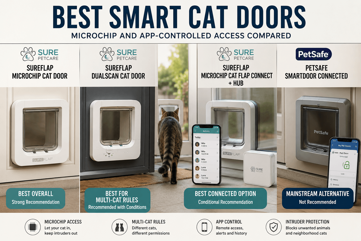 SureFlap and PetSafe smart cat doors compared for microchip and app-controlled access