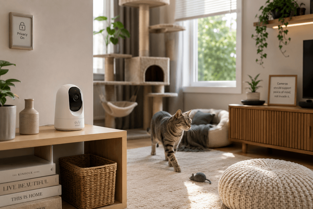 A discreet indoor camera facing a cat tree and resting area in a modern home, with cables safely hidden and a privacy shutter visible