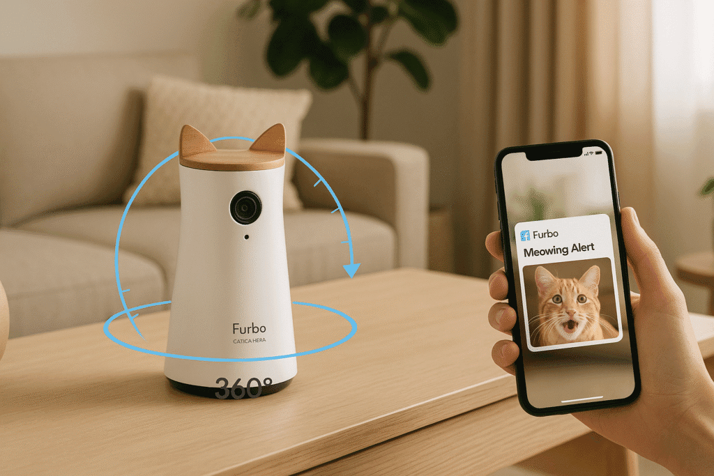 Furbo 360 Cat Camera with 360° rotating view and meowing alerts.